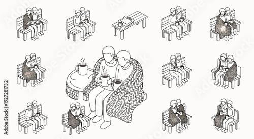 Isometric line art icons of couples sharing moments of comfort and togetherness, wrapped in blankets, drinking coffee, illustrating relationships and relaxation.