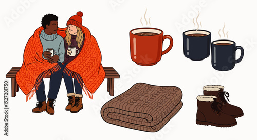 Cozy diverse couple wrapped in a warm knitted blanket, enjoying hot drinks, with winter essentials like mugs, a throw, and fur-lined boots.