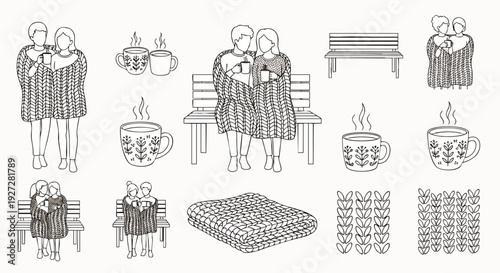Cozy winter comfort vector illustration set with couples wrapped in blankets, hot drinks, and knitted textures, perfect for seasonal designs and romantic themes.