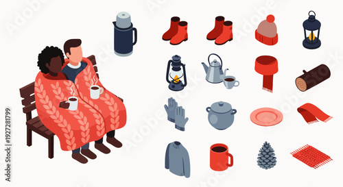Isometric illustration of a cozy couple on a bench under a blanket, enjoying hot drinks, with a collection of winter camping and warm accessories.