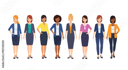Diverse women, professional and business casual attire, standing side-by-side with confident expressions, vector illustration, digital art, clean lines, flat design, bright colors