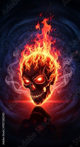 Intense flaming skull manifests amidst arcane symbols with ominous smoke