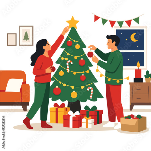 Couple decorating a Christmas tree at home