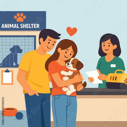 Couple adopting a puppy at an animal shelter