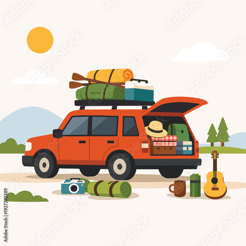 Car packed for a camping trip in nature