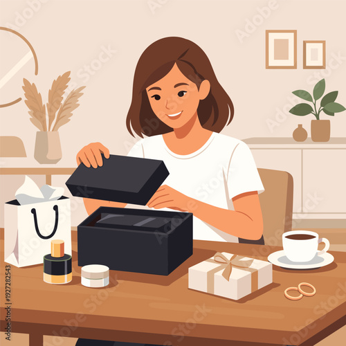 Happy woman unboxing beauty products at home