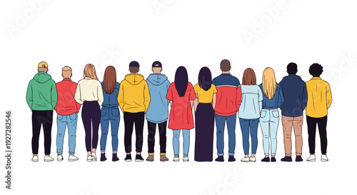 Full-body view of a diverse group of young men and women standing in a straight line, back view. Modern casual outfits in mixed bright and neutral colors. Clean flat vector style