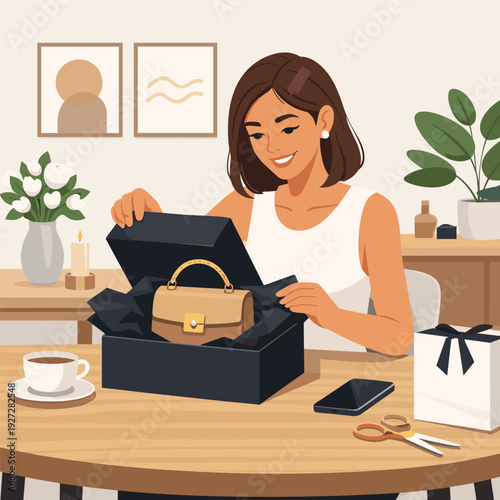 Woman unboxing luxury handbag at home