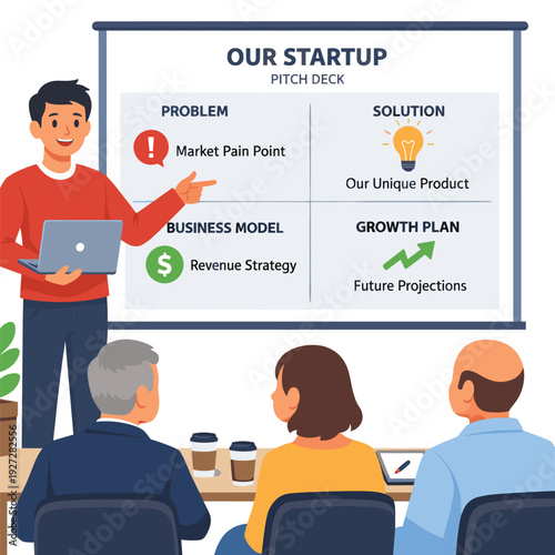 Entrepreneur presenting startup pitch to investors
