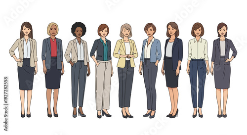 Diverse women, professional and business casual attire, standing side-by-side with confident expressions, vector illustration, digital art, clean lines, flat design, bright colors