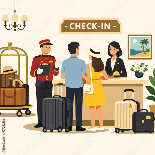 Hotel Check-in Scene with Guests and Staff
