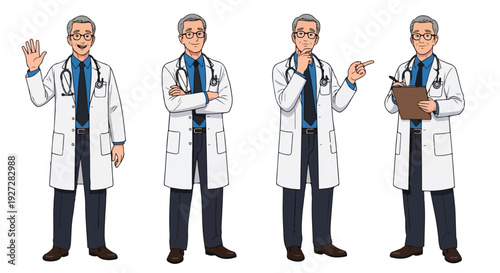 Friendly older male doctor character sheet, full body, multiple poses (waving, thinking, pointing), white coat and stethoscope, clean white background, digital art style, outline
