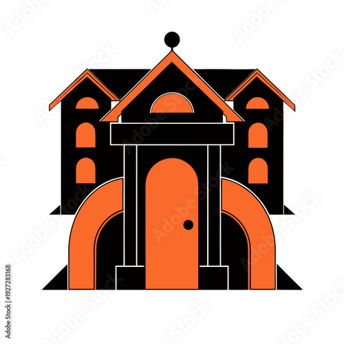 A large building with an orange door and archway