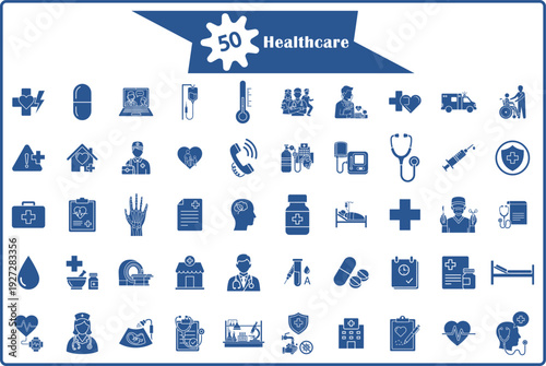 A comprehensive collection of icons representing various aspects of healthcare and medical services