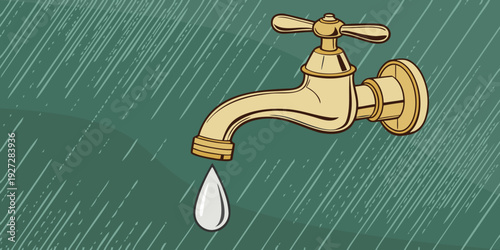 Golden faucet with single water drop on rainy background. Water waste, plumbing problem and conservation awareness concept vector for environmental campaigns and sustainability design.