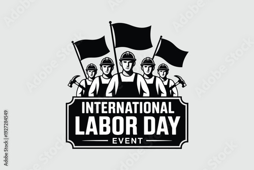 International Labor Day Event Poster with Workers and Flags