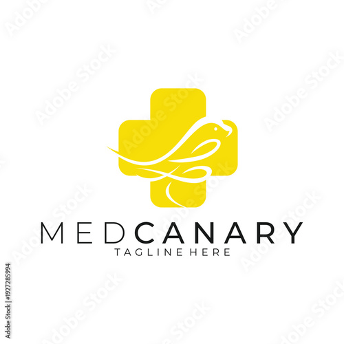 Bright Yellow Medical Cross with White Canary Bird Silhouette Logo for Health and Wellness Brands