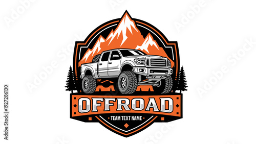 A powerful off-road pickup truck is depicted in a dynamic logo design with mountains and pine trees.