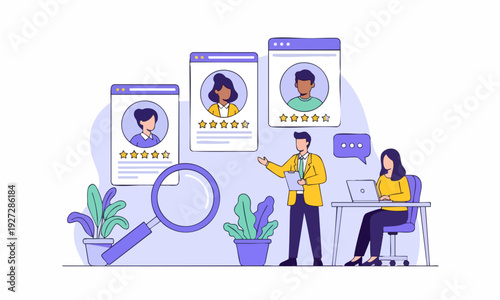 Human resources team meticulously evaluating online candidate profiles and resumes for effective talent search.