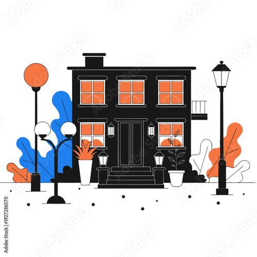 A black house with orange windows and street lamps