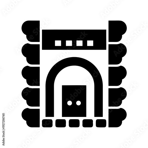 A black and white icon of a building with an archway