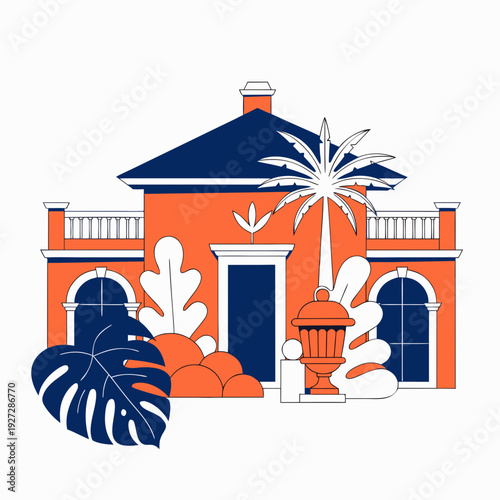 A house with a palm tree and plants in front