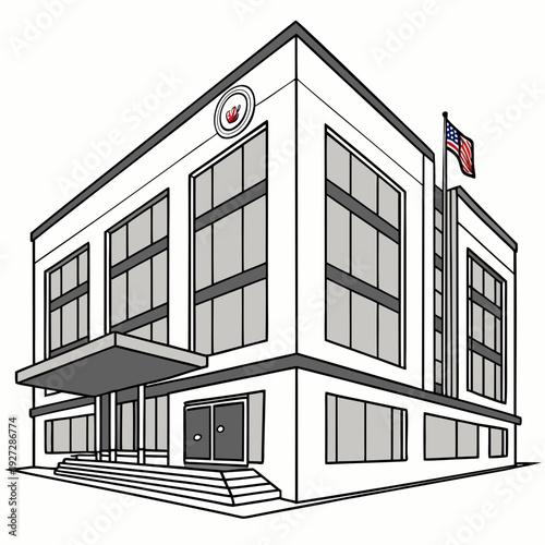 A white building with a flag on the right side and a red cross on the top