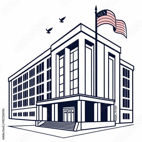 A large building with an american flag on top