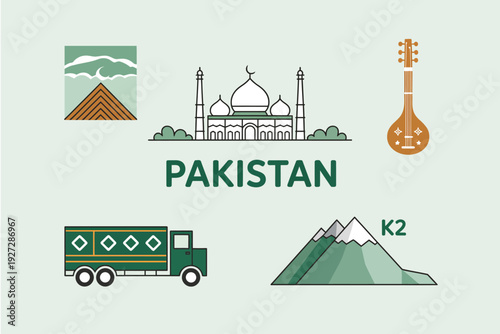 Pakistan Culture and Tourism Symbols Set with K2 and Mosque