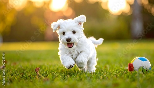Fluffy white puppy joyfully sprints across green grass towards the viewer with a bright, blurred sunset background