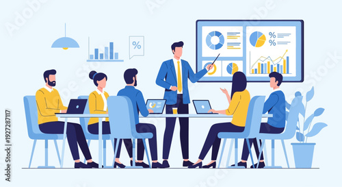 Presentation of Corporate Growth Strategy and Data Analysis with Professional Team. Flat vector illustration of a professional business team conducting a data analysis meeting.