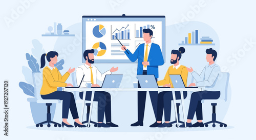 Presentation of Corporate Growth Strategy and Data Analysis with Professional Team. Flat vector illustration of a professional business team conducting a data analysis meeting.