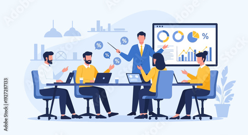 Presentation of Corporate Growth Strategy and Data Analysis with Professional Team. Flat vector illustration of a professional business team conducting a data analysis meeting.
