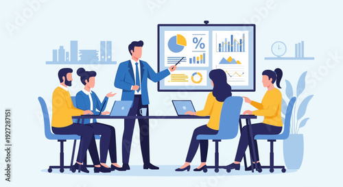 Presentation of Corporate Growth Strategy and Data Analysis with Professional Team. Flat vector illustration of a professional business team conducting a data analysis meeting.