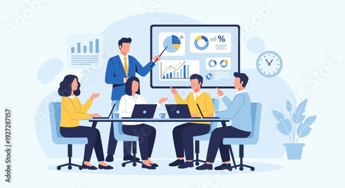 Presentation of Corporate Growth Strategy and Data Analysis with Professional Team. Flat vector illustration of a professional business team conducting a data analysis meeting.