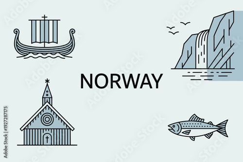 Norway Landmarks and Symbols with Viking Ship and Fjord
