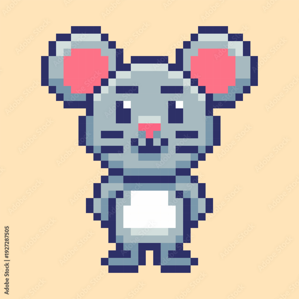 Obraz premium 8-bit style pixel art illustration of a cute standing mouse. With its large pink ears and charming expression, ideal for 2D indie games, children's illustrations, playful mascots, and stickers