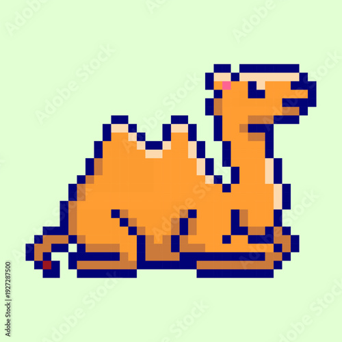 Retro-style pixel art illustration of a sitting Bactrian camel. This charming 8-bit character is perfect for indie game assets, mobile app sprites, mascots, avatars and desert-themed projects