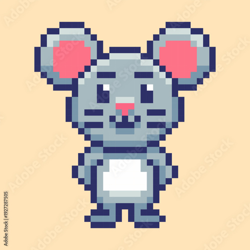 8-bit style pixel art illustration of a cute standing mouse. With its large pink ears and charming expression, ideal for 2D indie games, children's illustrations, playful mascots, and stickers
