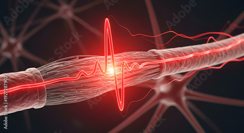 Abstract visualization of a nerve cell firing with a pulsating electrical signal and glowing synapse connections