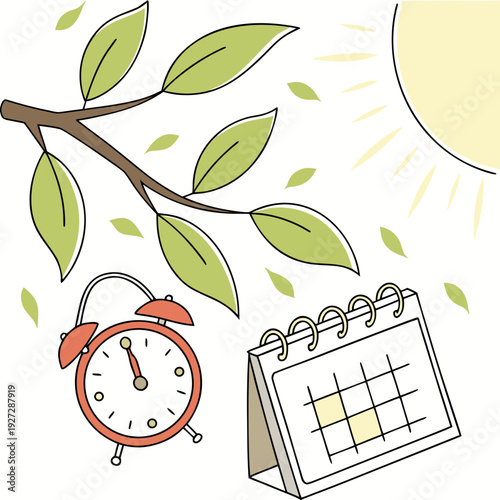 Daylight Saving Time Begins 2026 concept banner. Vector illustration of clock and info with calendar date of changing time in march 08. Spring Forward Time illustration banner. Change clocks ahead
