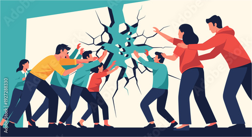 A diverse group of people collaboratively pushing against a cracking wall, symbolizing collective effort and overcoming challenges.