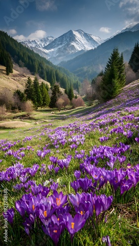Purple crocus flowers bloom in a vibrant meadow beneath snow-capped mountains and a beautiful sky du sptime in the tranquil Retezat National Park.