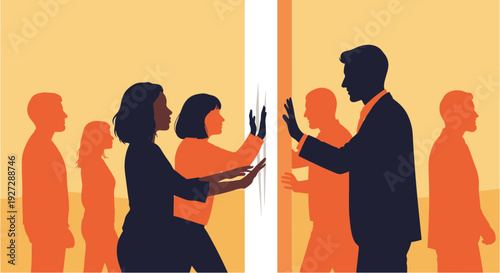 A powerful illustration depicting people on opposing sides of a barrier, symbolizing division, conflict, and the struggle for connection or understanding.
