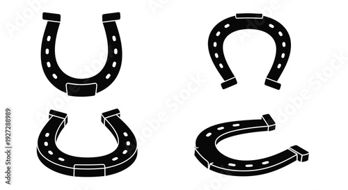 Four black horseshoes depicted in a minimalist silhouette