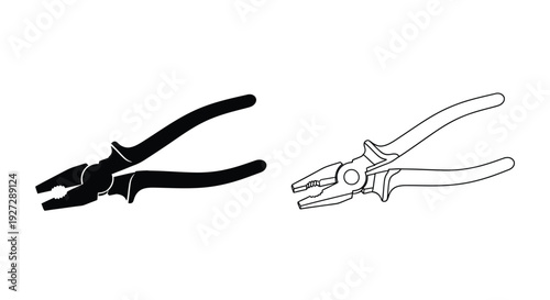 Two pliers illustrations one in solid black silhouette