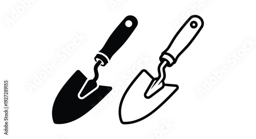 Two gardening trowels in a simple black outline silhouette
