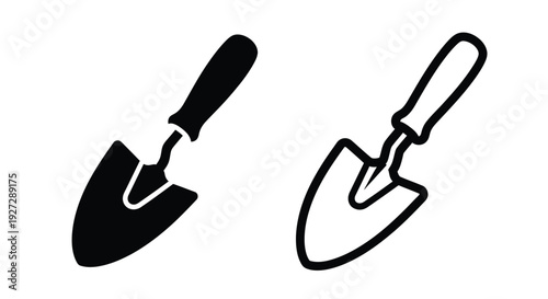 Two garden tools a trowel and spade in black silhouette