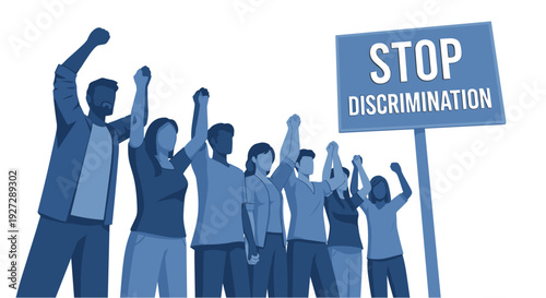 A diverse group of people, depicted in various shades of blue, stand united with raised fists, protesting against discrimination and advocating for equality and human rights.