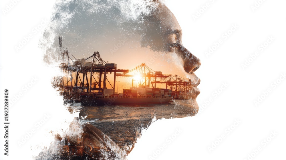 Fototapeta premium Double exposure photography of engineer man and the business Logistics and transportation of Container Cargo ship and Cargo plane with working crane bridge